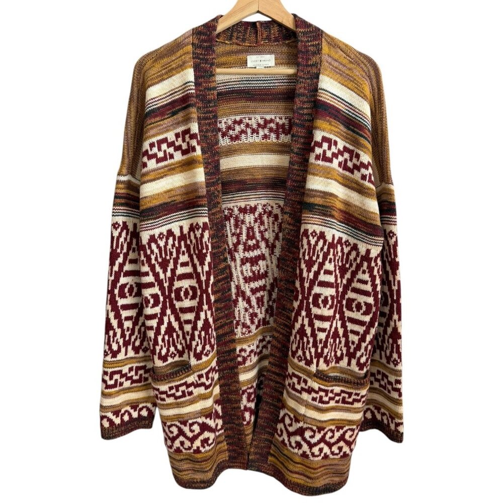 Lucky Brand Women's Southwerstern Aztec Open Cardigan Medium Brown Red Boho